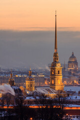 Peter and Paul cathedral, Admiralty, St Isaac cathedral and Hermitage in Saint-Petersburg, Russia, telephoto lens, winter