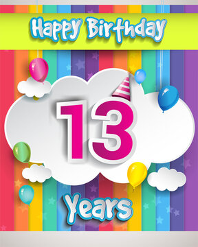 Celebrating 13th Anniversary logo, with confetti and balloons, clouds, colorful ribbon, Colorful Vector design template elements for your invitation card, banner and poster.