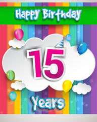 Celebrating 15th Anniversary logo, with confetti and balloons, clouds, colorful ribbon, Colorful Vector design template elements for your invitation card, banner and poster.