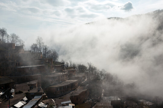 Foggy morning in mountain village Masouleh, Gilan Povince, Iran, unesco world heritage