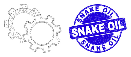 Web carcass cogs icon and Snake Oil stamp. Blue vector round grunge stamp with Snake Oil title. Abstract frame mesh polygonal model created from cogs icon.