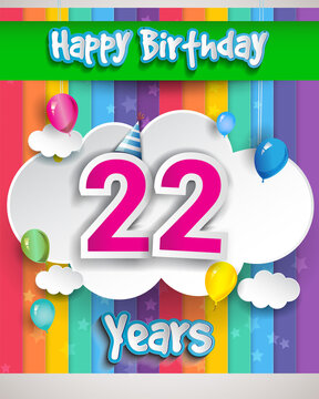 Celebrating 22nd Anniversary logo, with confetti and balloons, clouds, colorful ribbon, Colorful Vector design template elements for your invitation card, banner and poster.