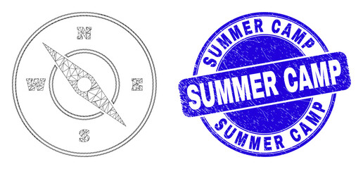 Web mesh compass pictogram and Summer Camp seal. Blue vector rounded grunge seal stamp with Summer Camp text. Abstract frame mesh polygonal model created from compass icon.