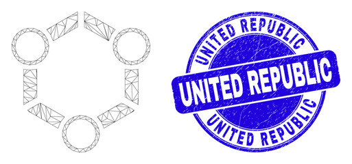 Web mesh cooperation icon and United Republic stamp. Blue vector round textured seal stamp with United Republic phrase. Abstract frame mesh polygonal model created from cooperation icon.