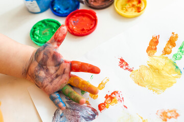 Close up of colored hand print on white background. Ideas for drawing with finger paints. Finger painting for kids. Little girl painting by finger hand paint color. Children development concept.