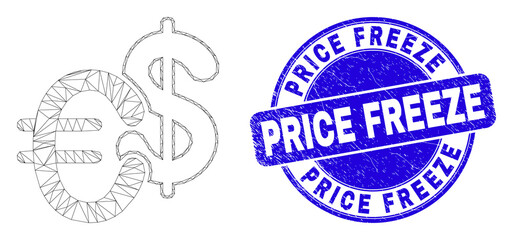 Web carcass currency icon and Price Freeze watermark. Blue vector round scratched watermark with Price Freeze text. Abstract frame mesh polygonal model created from currency icon.