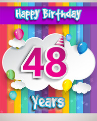 Celebrating 48th Anniversary logo, with confetti and balloons, clouds, colorful ribbon, Colorful Vector design template elements for your invitation card, banner and poster.
