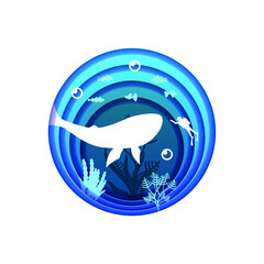 Blue Underwater Abstract Paper Cut Background Vector Sea Ocean Fish Seaweed Wave Nature Shadows