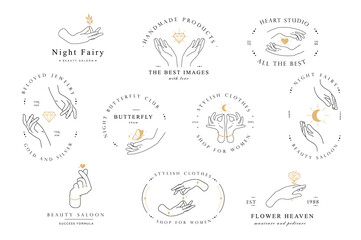 Set hand line logo gesture. Vector illustration on white background. Hand drawn style. Love, care, skin and tatoo vector illustrations.