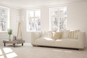 White stylish minimalist room with sofa and winter landscape in window. Scandinavian interior design. 3D illustration