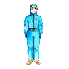 Full length doctor in protective suit and mask. Handmade watercolor illustration.
