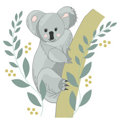  Koala head face on a tree branch. Gray silhouette kawaii animal. Notebook cover, t-shirt with print. Love Greeting Card. Flat design. White background.