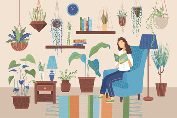 Young woman reading book at home on armchair