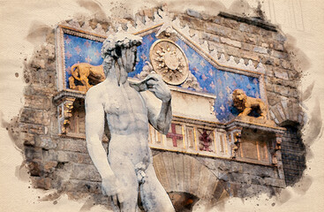 Watercolor painting of statue of David by Michelangelo outside Palazzo Vecchio, Florence Italy