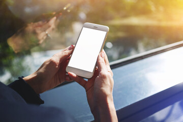 Attractive female watching video or reading business weblog in network on cell telephone