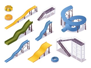 Isometric set of water slides and tubes, aquapark equipment. Swimming pool and stairs in various colors