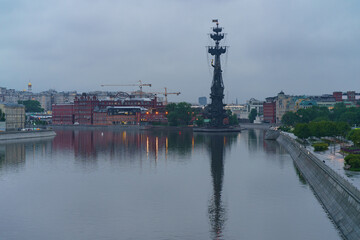 Fototapeta na wymiar Moscow cityscape. Photography of Moskva River and Peter the Great Statue in summer rainy day. Coronavirus pandemic. Nobody at the Crimean embankment.