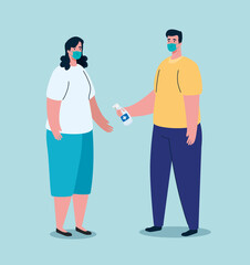 couple wearing medical protective mask against covid 19 with spray disinfectant vector illustration design