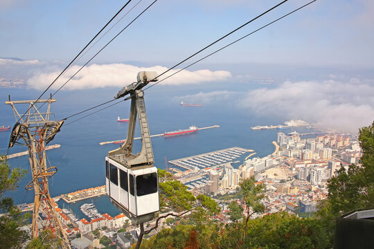 Cable Car or aerial tramway in Gibraltar viewed from the Rock at the top of the mountain, Gibraltar.