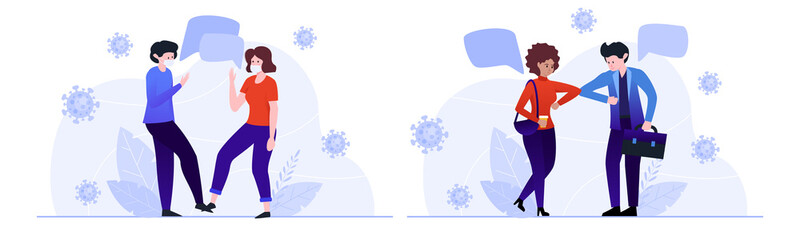 Elbow bump and foot tap greeting concept. Social distancing. Avoid the spread of coronavirus. . Vector illustration