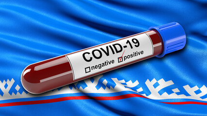 Flag of Yamalo-Nenets Autonomous Okrug waving in the wind with a positive Covid-19 blood test tube. 3D illustration concept for blood testing for diagnosis of the new Corona virus.