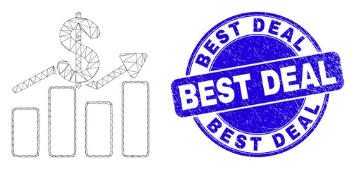 Web mesh dollar trends pictogram and Best Deal seal stamp. Blue vector rounded distress stamp with Best Deal text. Abstract frame mesh polygonal model created from dollar trends pictogram.
