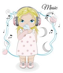 baby girl in earphones with ice cream