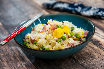 Cantonese fried basmati rice with ham and eggs