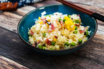 Cantonese fried basmati rice with ham and eggs