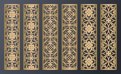 Laser cut decorative lace borders patterns. Set of bookmarks templates. Cabinet fretwork panel. Lasercut metal panel. Wood carving. Vector.