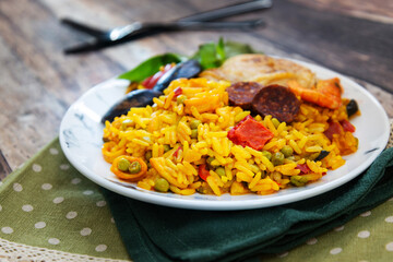 Prawn with rice - closeup of prawn with rice - traditionnal spanish food paella