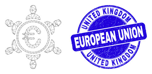 Web mesh euro people union icon and United Kingdom European Union seal stamp. Blue vector round grunge seal stamp with United Kingdom European Union message.