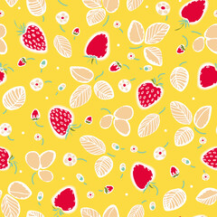 Vector strawberry summer pattern. Graphic modern cut out repeating design. Hand drawn berry fruit pattern with leaf and blossom on yellow background. Hand drawn pastel backdrop.