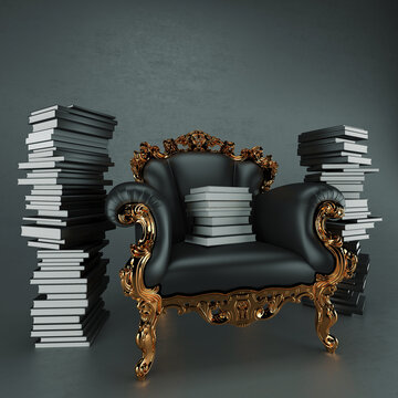 Books is the king with Black and gold vintage genuine leather armchair boss classical style and various books, old and antique, on a grey background, space for text and copy, dark. 3D illustration.