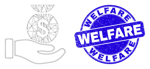 Web mesh financial service hand pictogram and Welfare stamp. Blue vector rounded grunge seal stamp with Welfare caption.