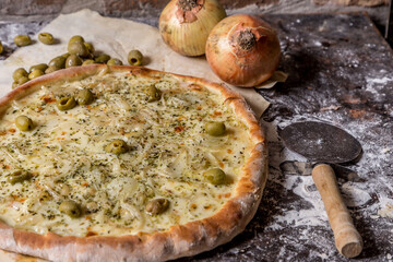 handmade mozzarella pizza onion ready to eat