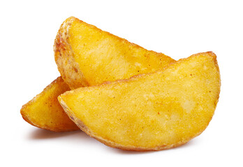 Close-up of tasty potato wedges, isolated on white background
