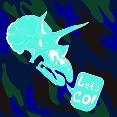 Neon triceratops dinosaur skull on camouflage background. seamless pattern. Let's go - lettering quote. Card, t-shirt composition, hand drawn style print. Vector illustration.  © Ekaterina