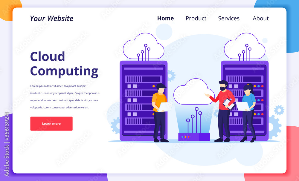 Poster cloud computing concept, people working on laptop and server, digital storage, data center. modern f