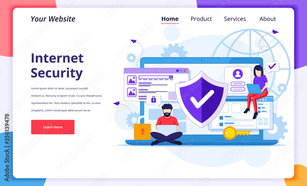 Poster internet security concept, people work on laptop, secure internet connection. modern flat landing pa