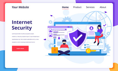 Internet security concept, People work on laptop, secure internet connection. Modern flat landing page design for website and mobile website. Vector illustration