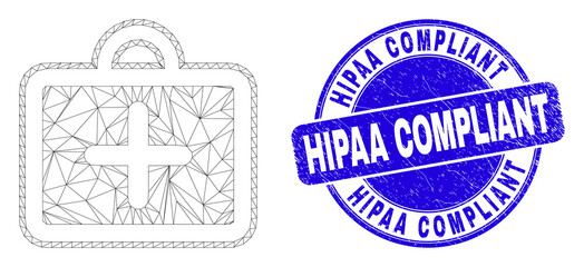Web carcass first-aid case pictogram and Hipaa Compliant seal. Blue vector round distress seal stamp with Hipaa Compliant phrase.