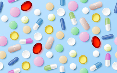 Pattern of various Pills on a blue background