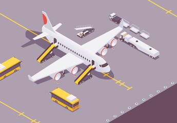 Isometric plane at the airport after landing. Loading cargo and baggage, people, airplane ground service cars around. Concept scene