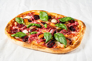 creative pizza with beef and cherries