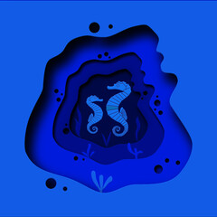 Vector illustration of seahorses in cut paper style. For the design of thematic posts, posters, prints.