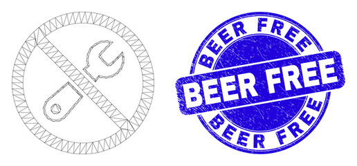 Web carcass forbidden repair icon and Beer Free seal stamp. Blue vector rounded distress seal stamp with Beer Free title. Abstract frame mesh polygonal model created from forbidden repair icon.