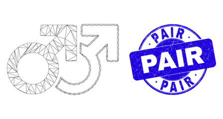 Web carcass gay pair symbol icon and Pair stamp. Blue vector round grunge stamp with Pair message. Abstract carcass mesh polygonal model created from gay pair symbol icon.