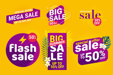 Summer sale. Vector illustrations for social media ads and banners, website badges, marketing material, labels and stickers for products promotions, graphic templates.