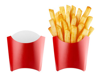 Set of empty and full red carton package boxes for french potato fries, isolated on white background